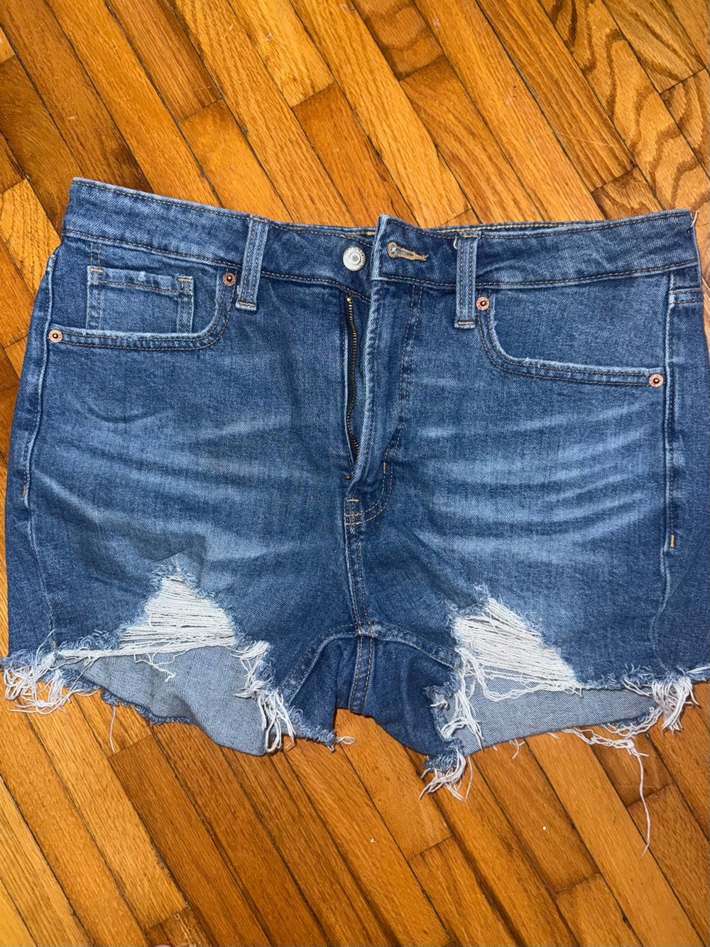 Distressed High-Rise Denim Shorts - Blue
